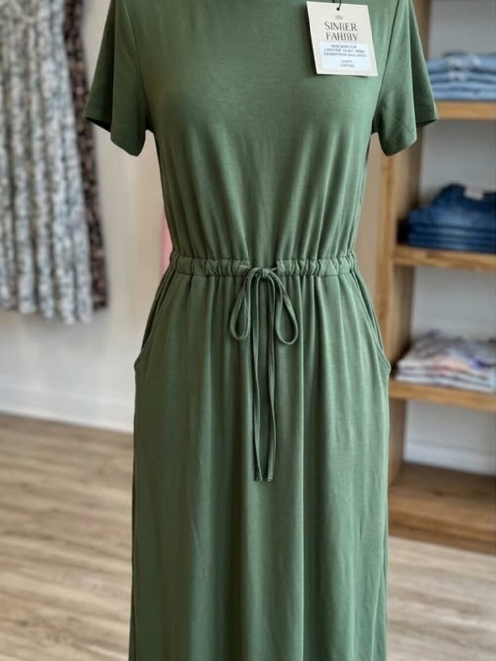 NWT Simier Fariry Olive Green Drawstring Midi Dress - Small - Soft Viscose